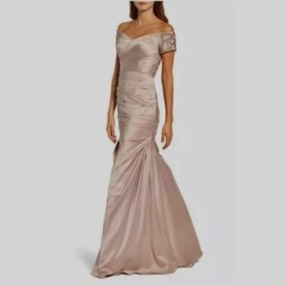 La Femme Champagne Off Shoulder Beaded Satin Trumpet Gown - Size 16